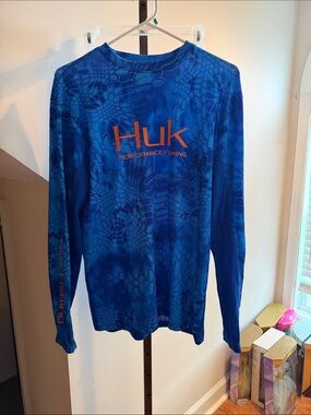 Huk Blue Long-Sleeve Performance Fishing Tee with Orange Logo